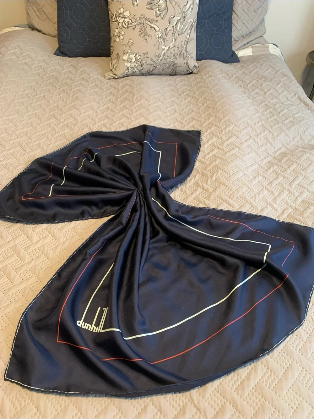 $450 Dunhill Silk Navy Square Scarf with Red and white border made in Italy